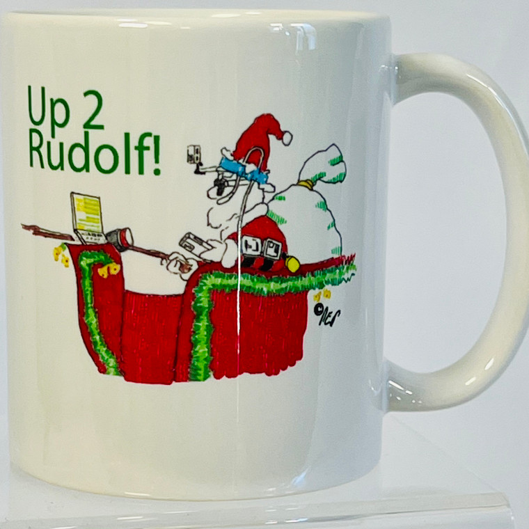 Rowing holiday mug with original art image of Santa as a coxswain "Up 2 Rudolf"