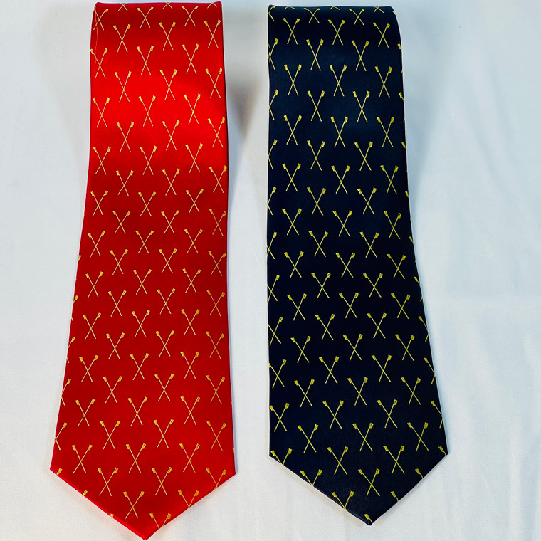 Woven silk neck ties in navy blue and red with gold crossed oars