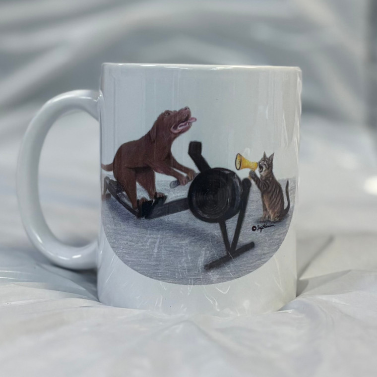 Ceramic coffee mug with cartoon of dog on a rowing machine