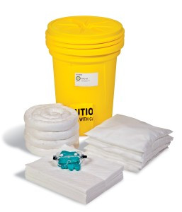 Contents List: 

25 White HeavyWeight Oil-Only Defender Pads, 
4 White Oil-Only Sorbent Socks, 	
4 White Oil-Only Sorbent Pillows, 	
1 Pair Nitrile Gloves, 
1 Pair Safety Goggles, 
5 Yellow Temporary Disposal Bags & Ties, 
1 Emergency Guidebook, 
6 Tamper Proof Seals, 
1 Vinyl Spill Kit Label, 
1 Yellow 30 Gallon OverPack with screw top lid