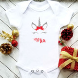 Personalized Christmas Unicorn Onesie Set | Silver & Red