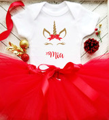 Personalized Christmas Unicorn Onesie Set | Gold & Red