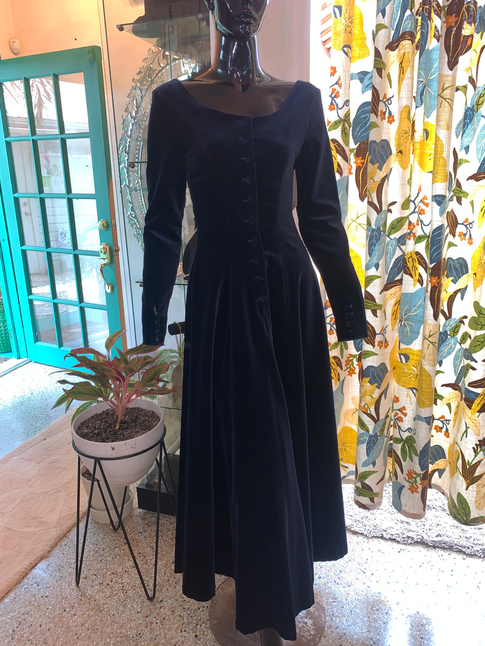 Laura Ashley Navy Velvet T Length Dress With Matching Velvet Buttons Orlando Vintage Clothing And Costume