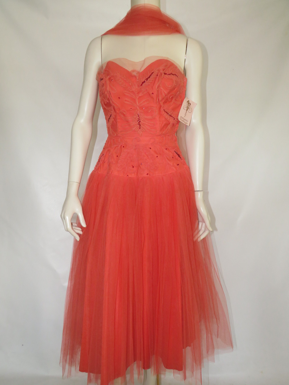 Coral Tulle Drop Waist Dress w/ Attached Scarf - Orlando Vintage 