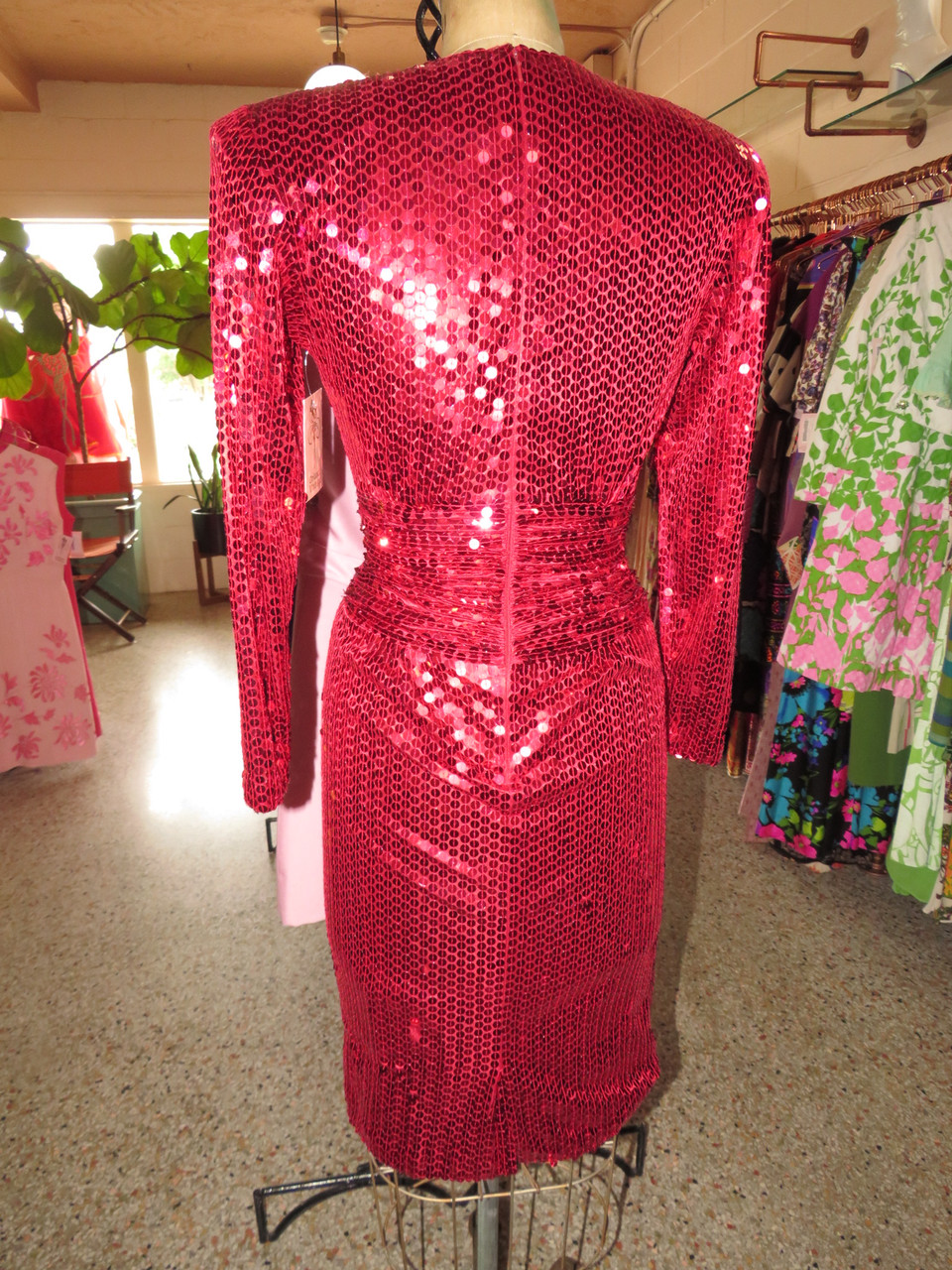 Oleg Cassini Hot Pink Sequin Dress - Orlando Vintage Clothing and