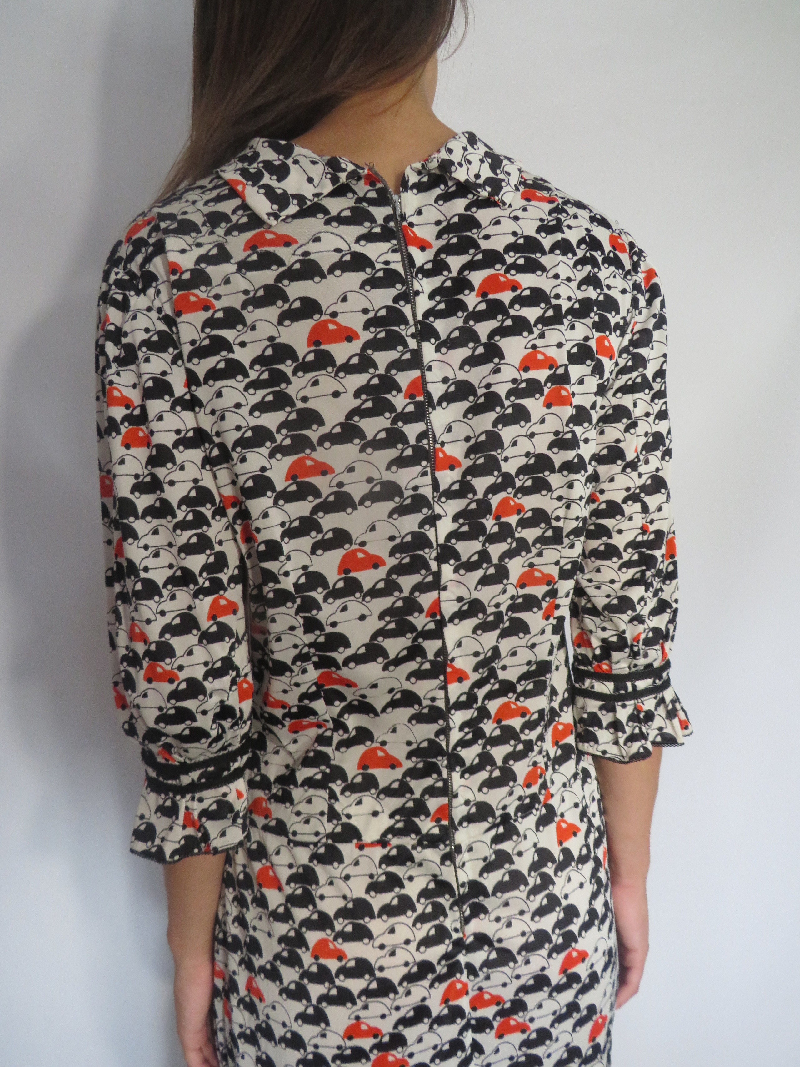Black, White, & Orange CarPrint Dress Orlando Vintage Clothing and