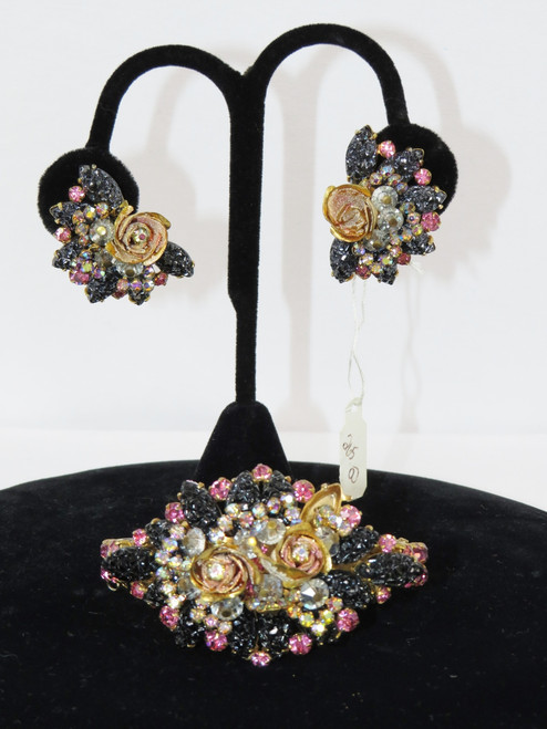 2pc Cool Toned Rose Rhinestone Costume Earrings & Bracelet