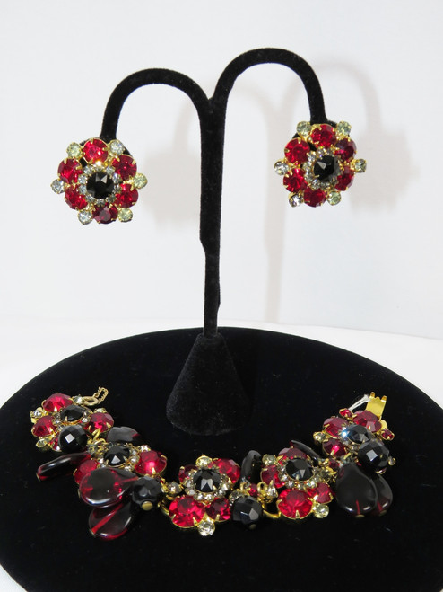 2pc Red & Black Rhinestone Costume Earrings & Necklace