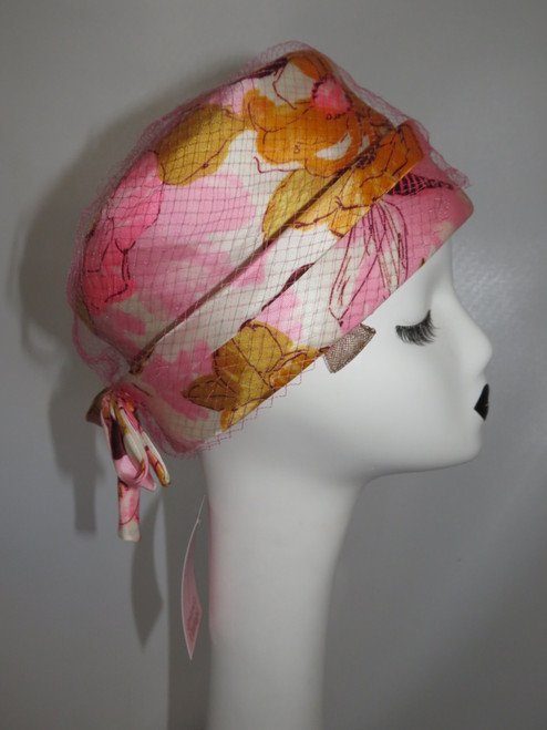 "Kelton" Pink & Orange Floral Watercolor Pattern Pillbox Hat w/ Pink Fishnet