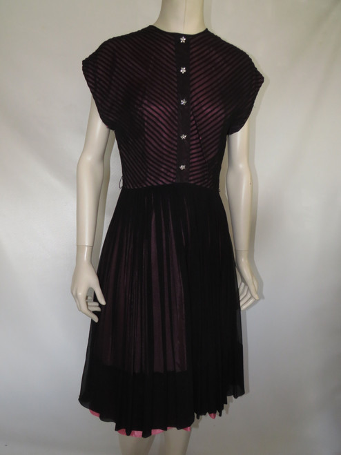 "Elinor Gay" Bubblegum Pink w/ Black Mesh Stripe Pleated Skirt Sleeveless Dress