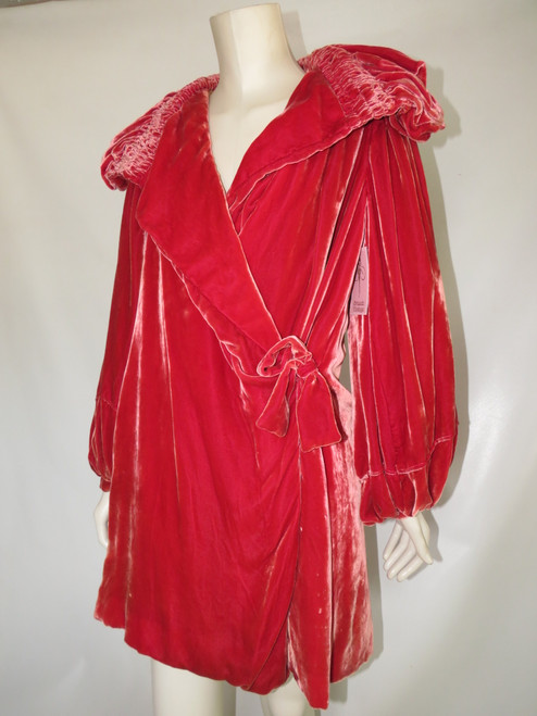 Rouge Silk Velvet Wrap Coat w/ Puffed Sleeves