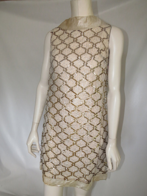 Champagne Taffeta & Sequins Diamond Patterned Mod Dress