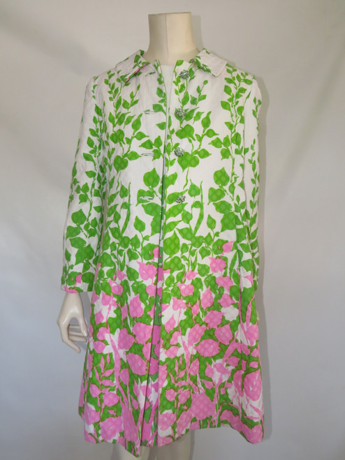 2pc. White, Light Pink, & Kelly Green Floral Print Dress & Coat w/ Rhinestone Buttons