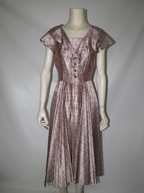 "Doris Dodson" Mauve Silk Fit and Flare Dress with Brown Details