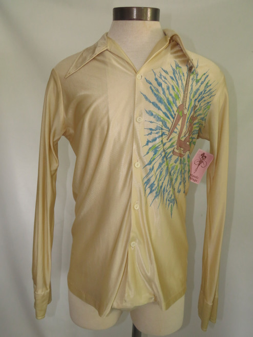 Tan Silk Button Down with Green and Blue Print