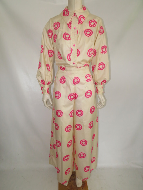 2pc Cream w/ Pink Abstract Flowers Shirt & Wide Leg Pants