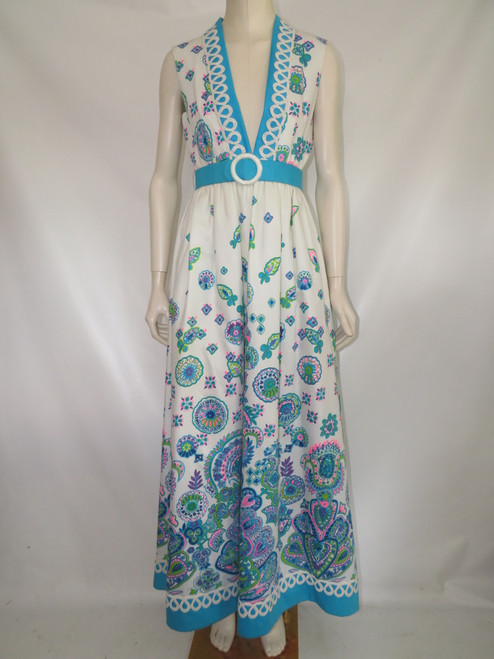 White Deep V-Neck Maxi Dress w/ Turquoise, Green, & Pink Paisley Print