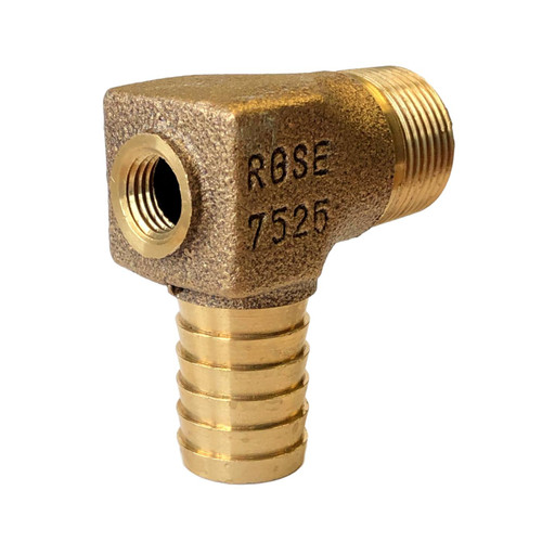 Brass Elbow - 3/4" Male Pipe Thread x 3/4" Barb with 1/4" Tap