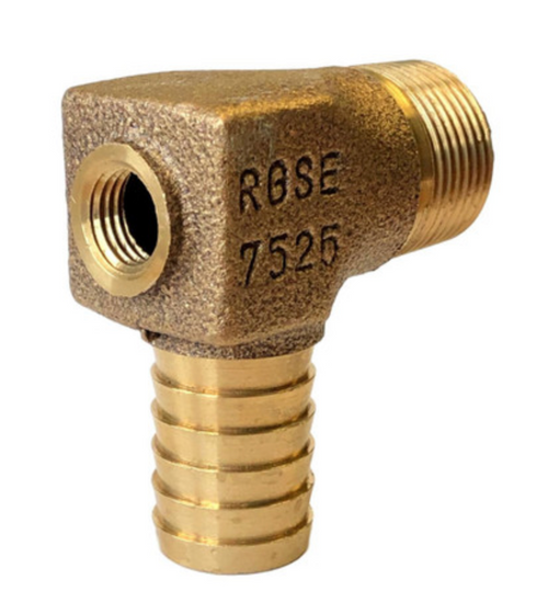 Red Brass Elbow - 3/4" Male Pipe Thread x 3/4" Hose Barb with 1/4" Tap