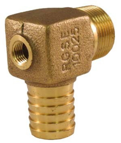 1" x 1" Red Brass Geothermal Heat Pump 90 Degree Elbow, Male Pipe Thread to Barb Insert with 1/4" Female Pipe Thread Tap for Pressure / Temperature Port