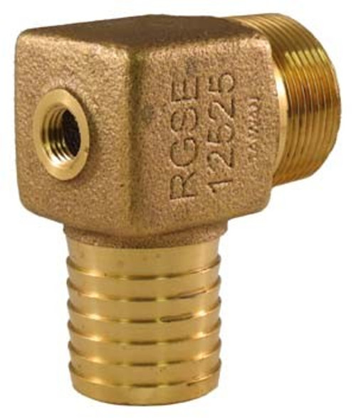 Red Brass Elbow - 1-1/4" Male Pipe Thread x 1-1/4" Hose Barb with 1/4" Tap