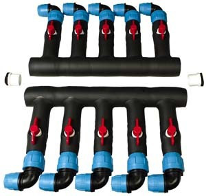 Compression Manifold - Angle - 1-1/4" PVC Inlet x (5) 3/4" PE Outlets - Set of 2
