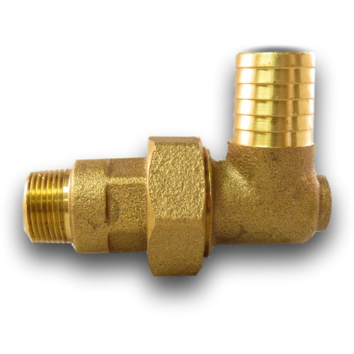 3/4" x 1" Red Brass Geothermal Heat Pump 90 Degree Union Elbow, Male Pipe Thread Union to Barb Insert with 1/4" Female Pipe Thread Tap for Pressure / Temperature Port