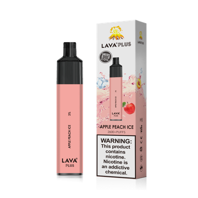 Lava Plus 2600 Apple Peach Ice disposable vape next to its retail box