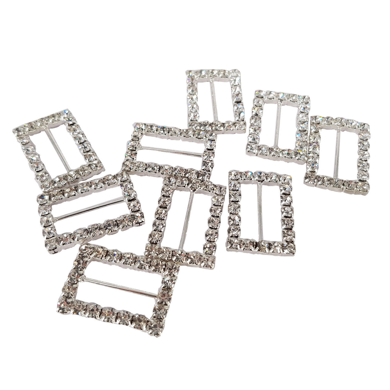 Rectangle Diamante Silver Slider Buckles - 10pcs