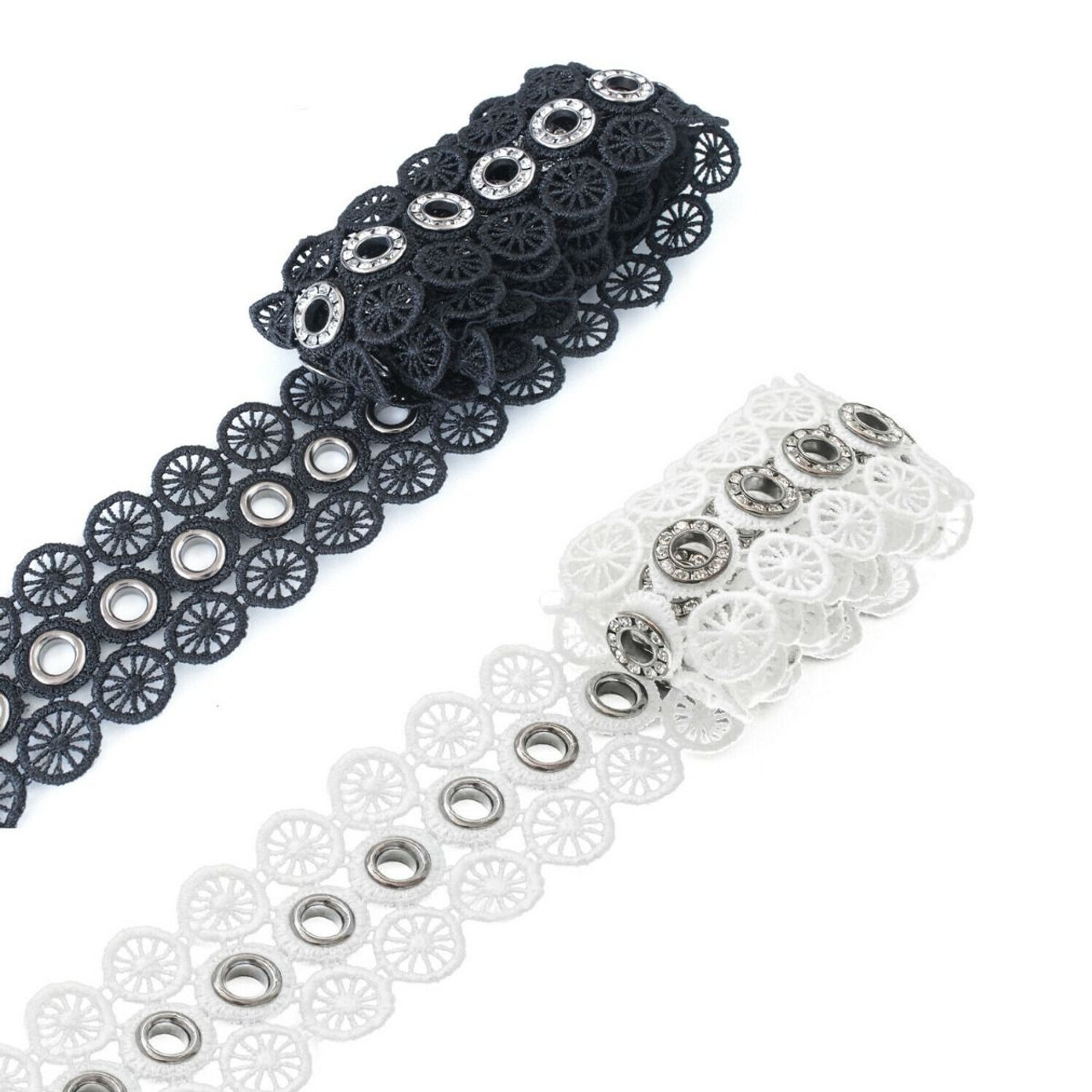 40mm Cotton Crochet Lace Trim With Diamante Studded Eyelets - Black - 1m -  Trimming Shop