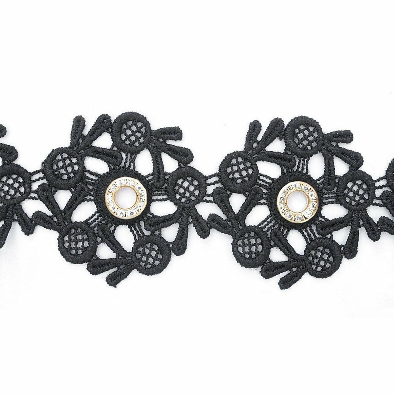 40mm Cotton Crochet Lace Trim With Diamante Studded Eyelets - Black - 1m -  Trimming Shop