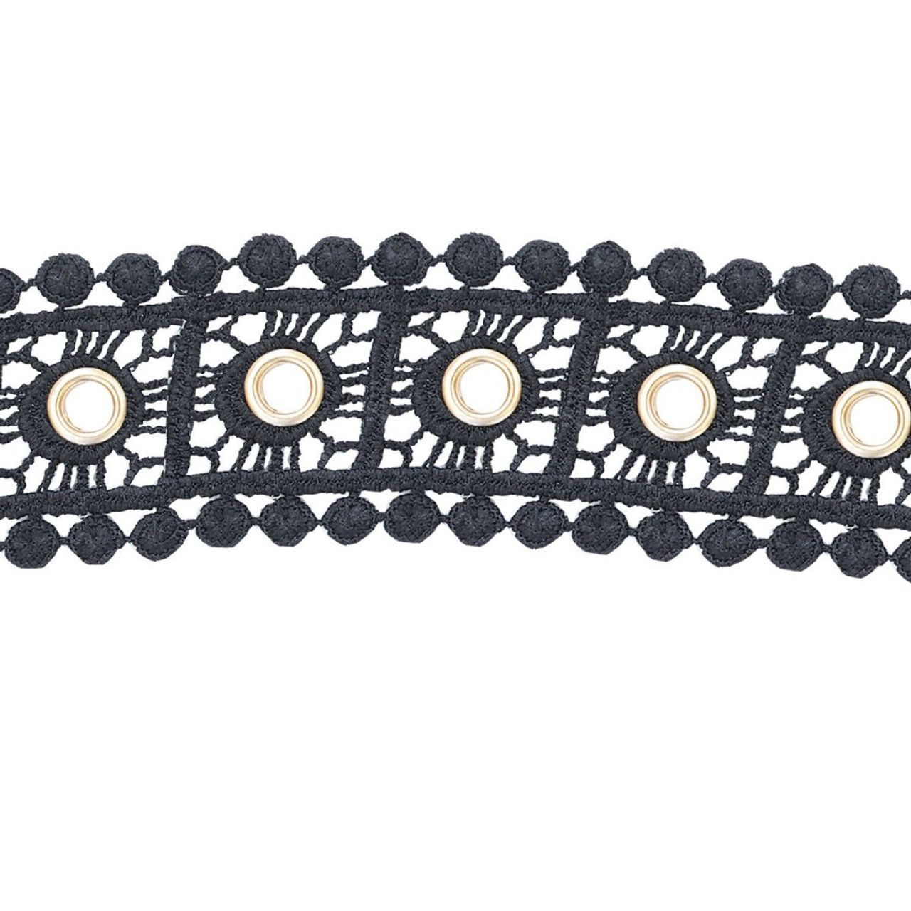 40mm Cotton Crochet Lace Trim With Diamante Studded Eyelets - Black - 1m -  Trimming Shop