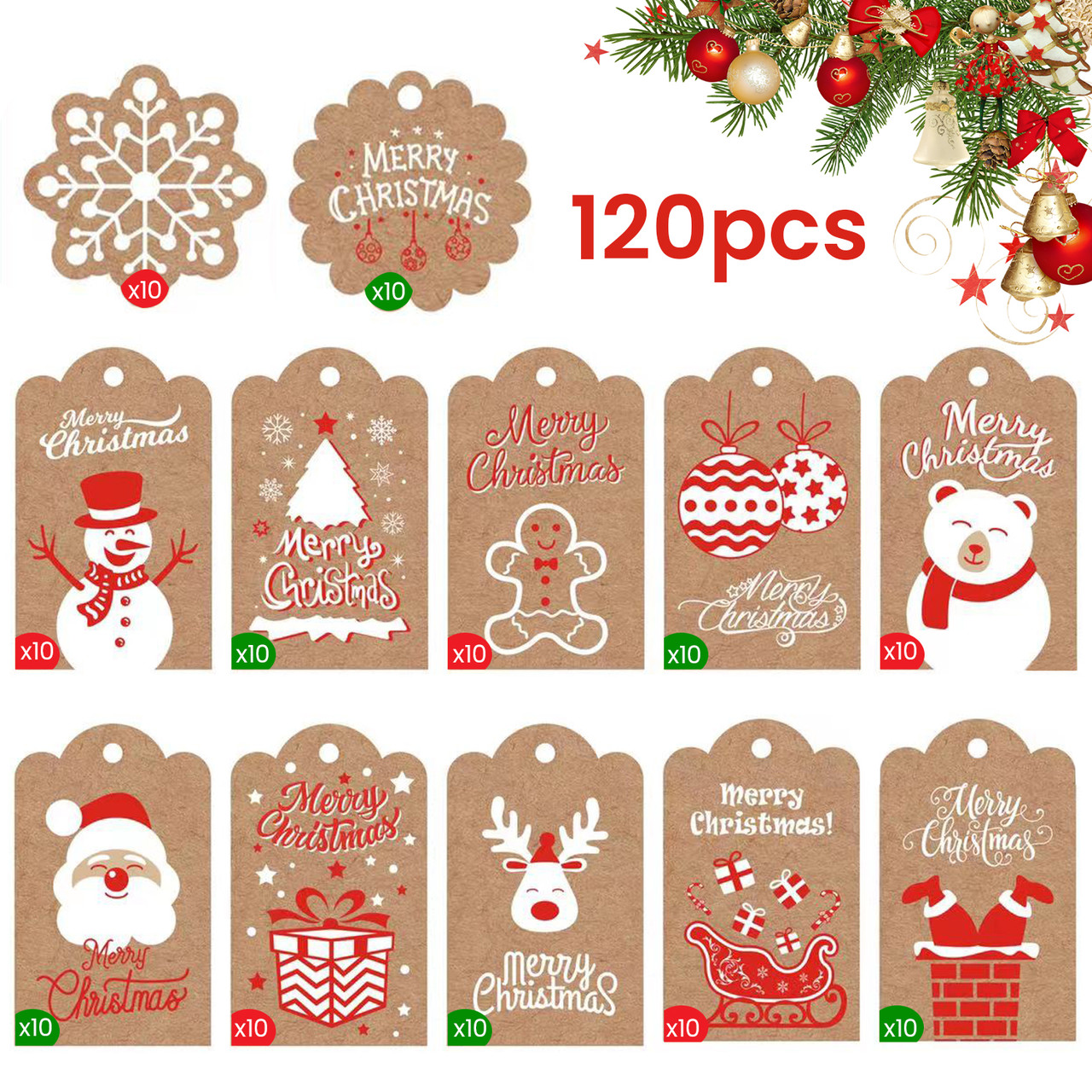 Christmas Gift Tags and Rope (Pack of 120)