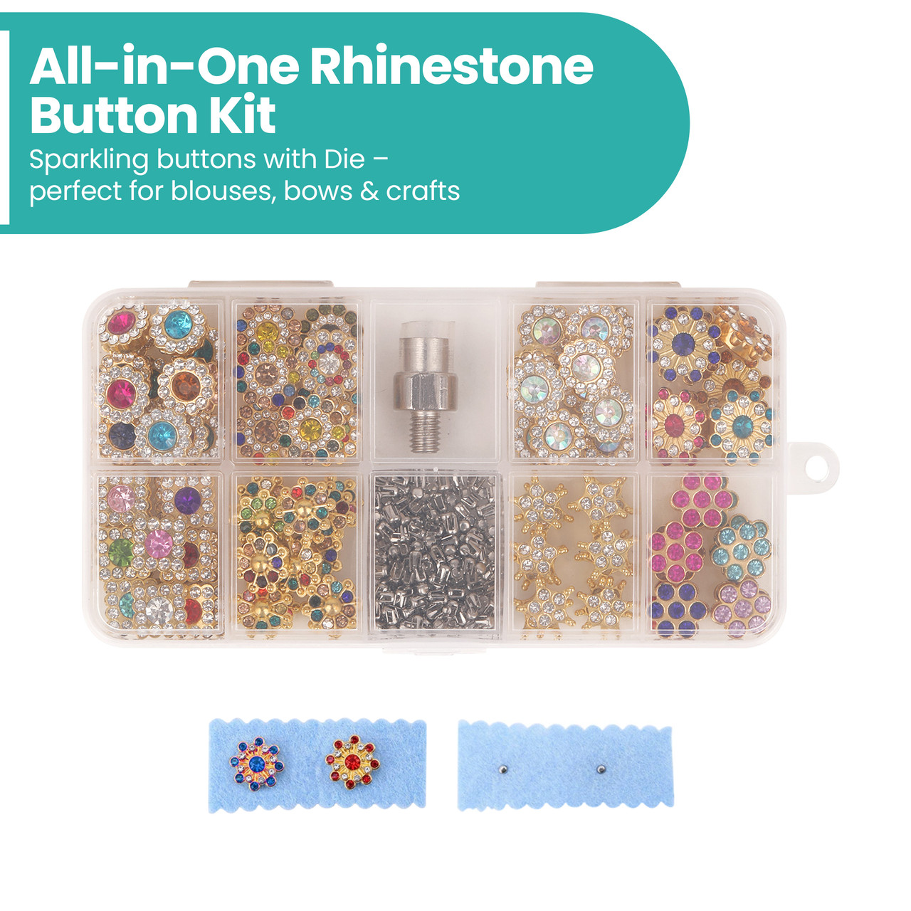 Rhinestone & Crystal Gem Buttons Kit with Silver Dome Studs & Die Set