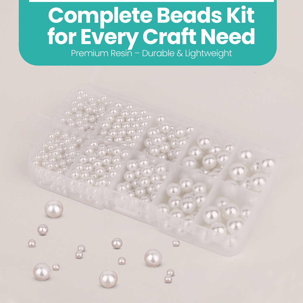 White Plastic Pearl Beads with Pronged Pins – 700 pcs Mixed Sizes