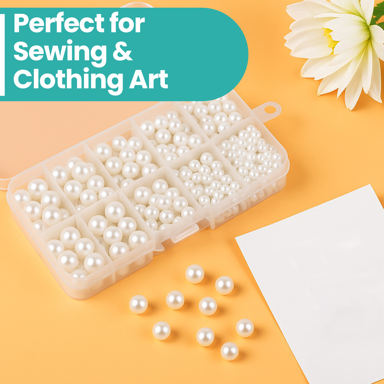 White Plastic Pearl Beads with Pronged Pins – 700 pcs Mixed Sizes