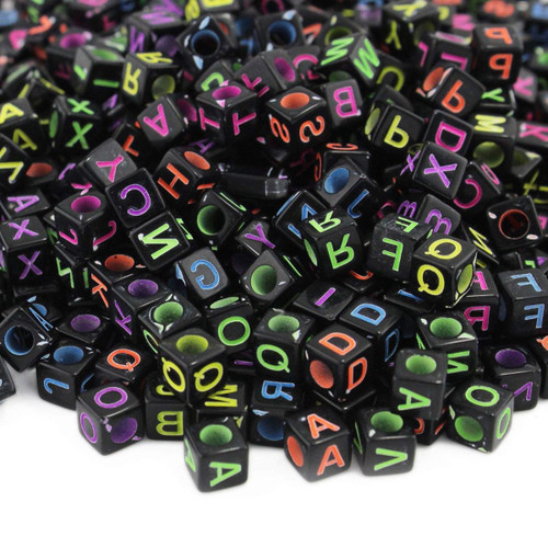6mm Square Black Random Multicoloured Plastic Alphabets Letter Beads - 100pcs