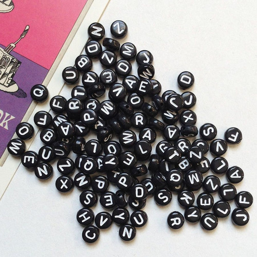 6.5mm Black/White Round A-Z Random Plastic Letter Beads - (Pack of 100)