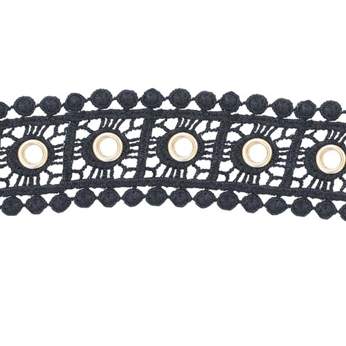 40mm Cotton Crochet Lace Trim With Diamante Studded Eyelets, Black - 1m