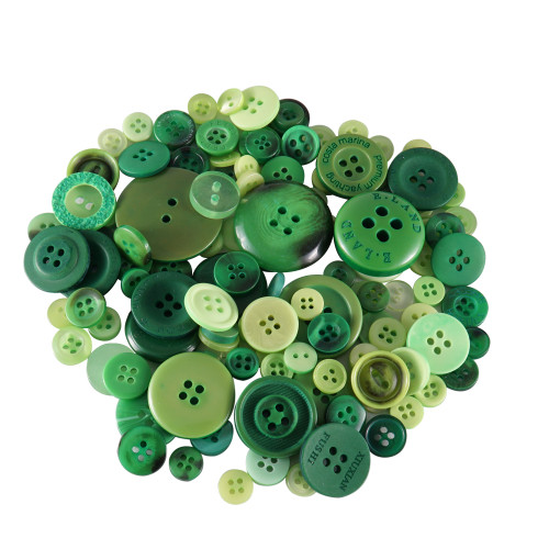 Mixed Green Buttons in Various Sizes - 100g Bag