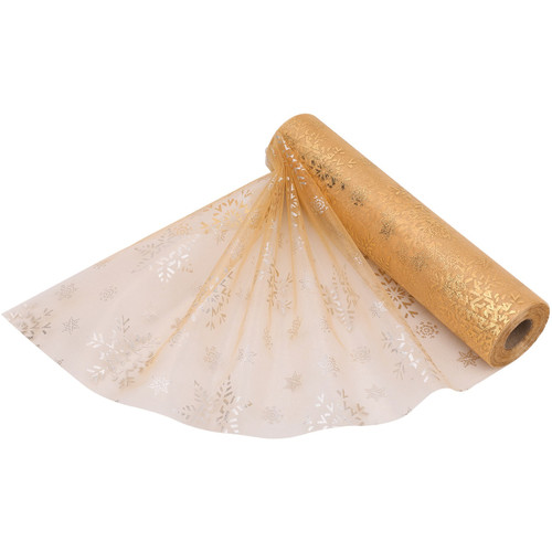 25m x 29cm Organza Roll - Gold Snow Flake Print