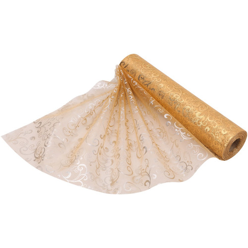 25m x 29cm Organza Roll - Gold Flocked Design