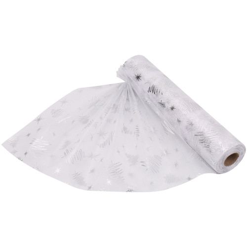 25m x 29cm Organza Roll - Silver Xmas Tree Print