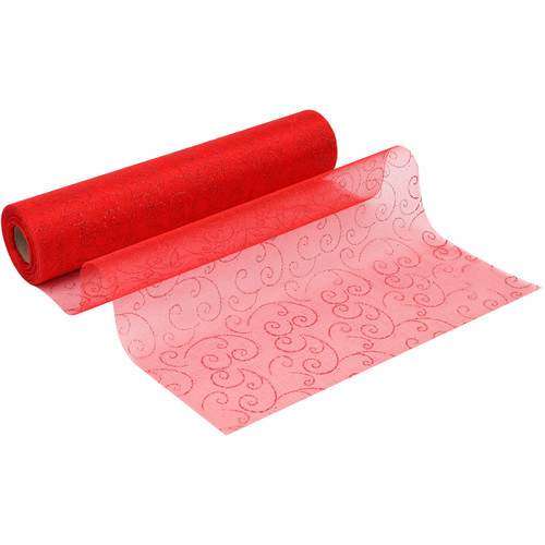 25m x 29cm Organza Roll - Red Flocked Swirl Design Print