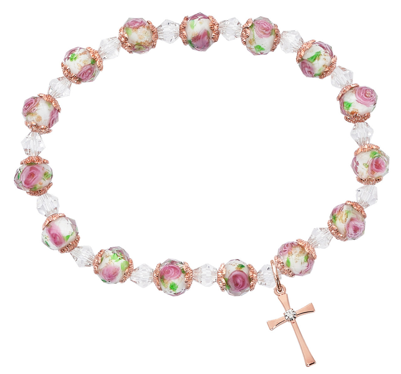 Rose Gold Cross Bracelet with Pink Flowers | Oxford Hall