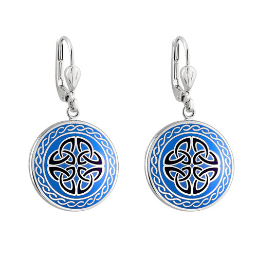 Rhodium  Enamel Blue Four Celtic Knot Drop Earrings, Book of Kells