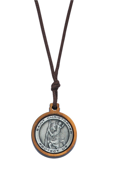 Olive Wood Pewter St Christopher on Cord