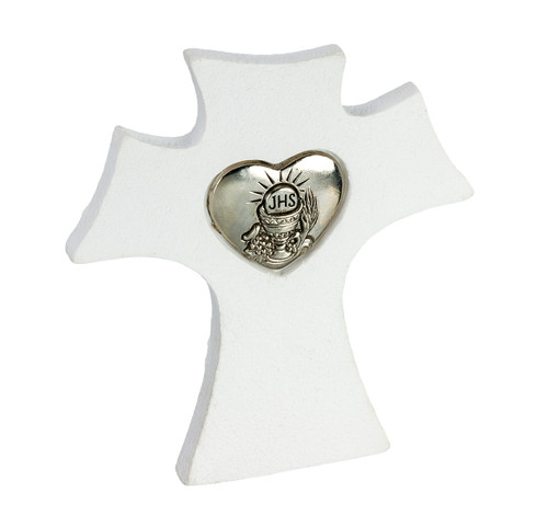 Standing First Communion Cross  White Resin with Silver Heart  Insert