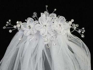 First Communion Headband Veil Organza Bows and Pearls