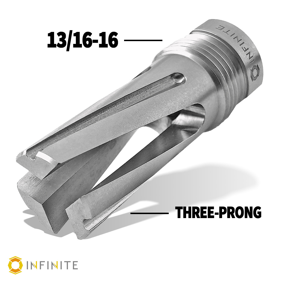 1/2-36 to 13/16-16 (9mm) Three-Prong Flash Hider (Stainless